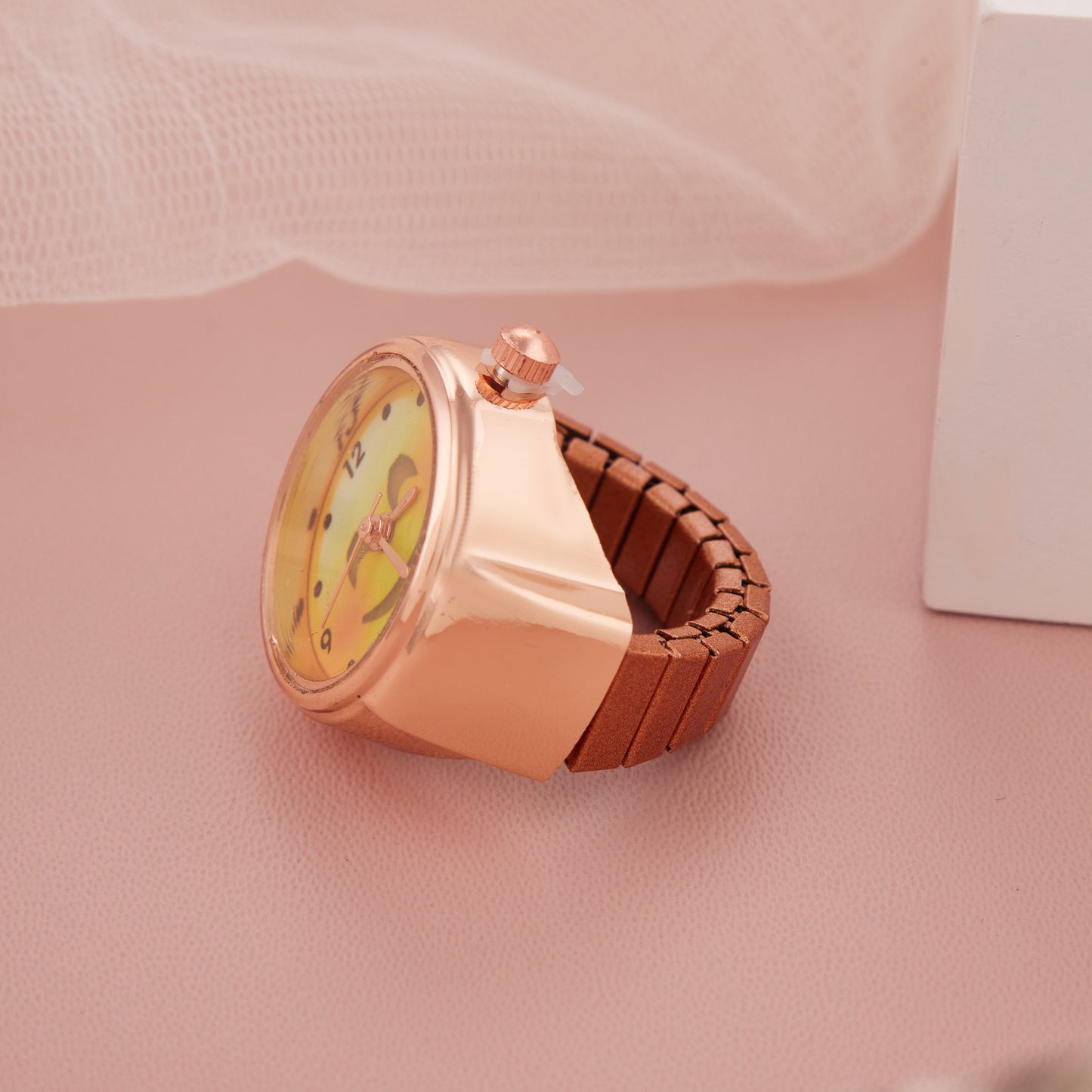Trendy Rose Gold Ring Watch with Cool Shades Emoji Dial for Women & Girls
