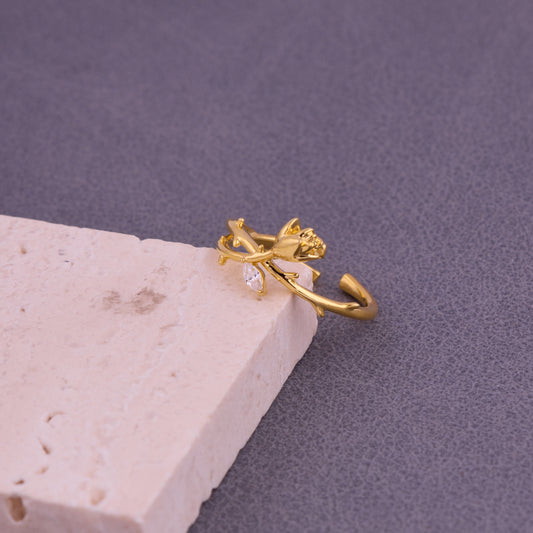 Gold Leaf Vine Adjustable Ring with White CZ Accent