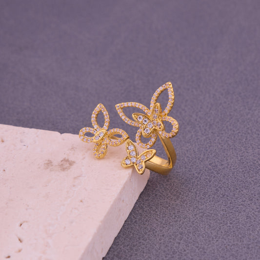 Gold Butterfly Cluster Ring with White CZ Stones
