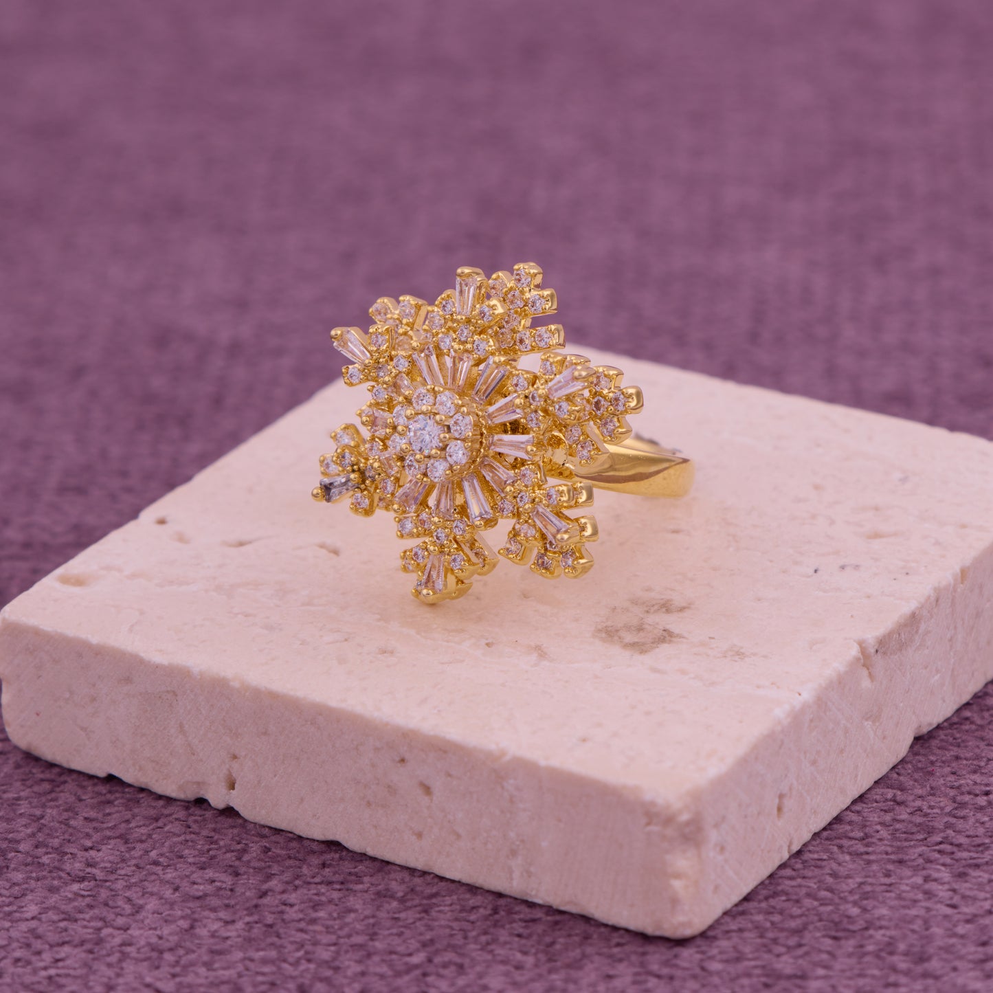 Golden Snowflake Ring with Sparkling White CZ Stones