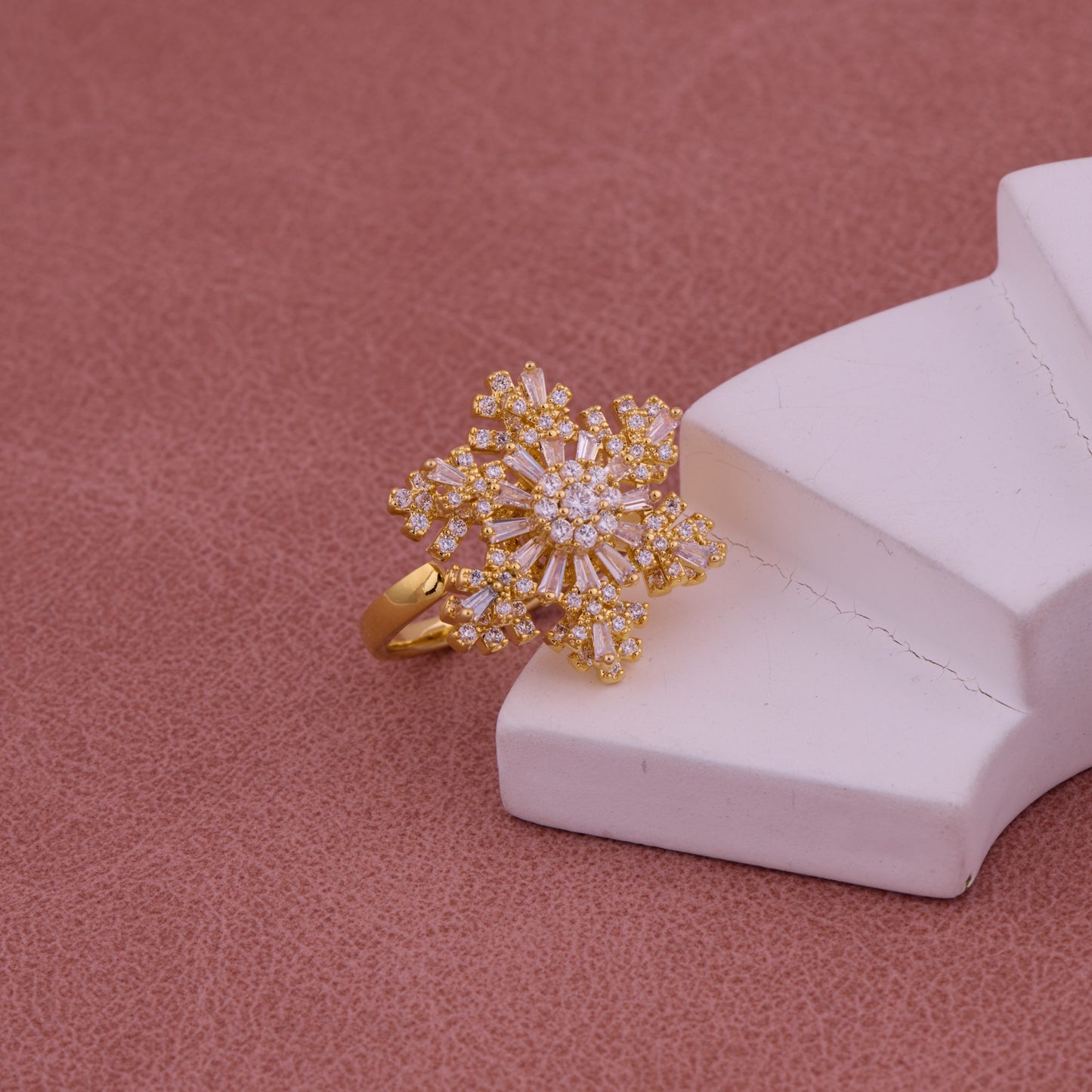 Golden Snowflake Ring with Sparkling White CZ Stones