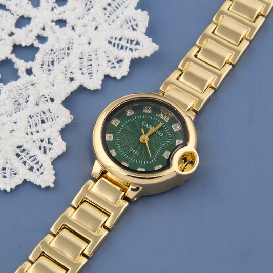 Gold-Tone Green Dial Watch with Crystal Hour Markers for Women