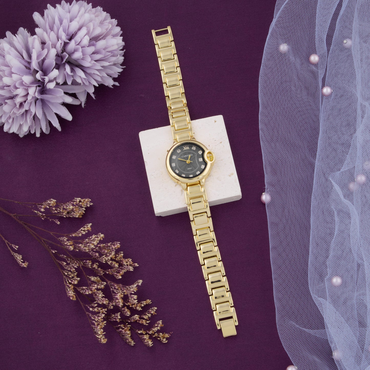 Gold-Tone Green Dial Watch with Crystal Hour Markers for Women