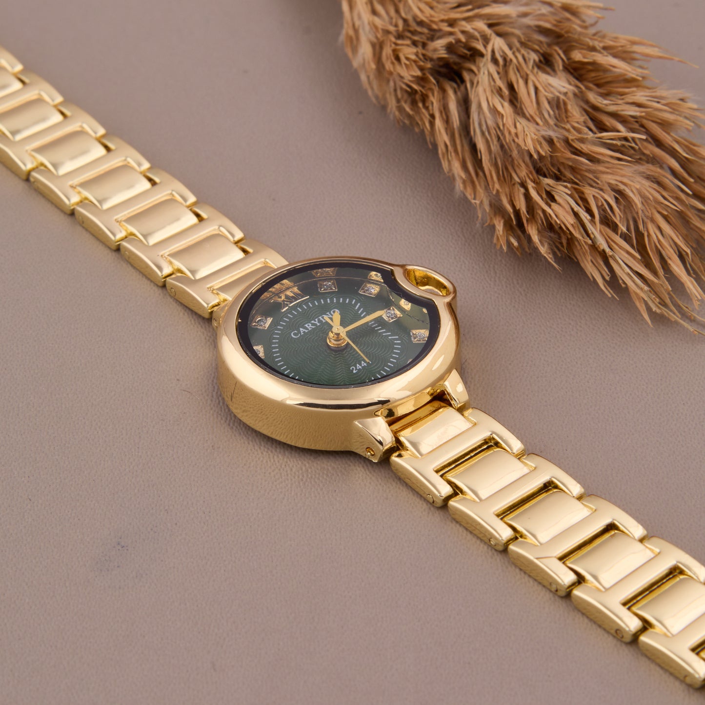 Gold-Tone Green Dial Watch with Crystal Hour Markers for Women