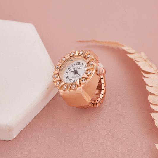 Rose Gold Ring Watch with Embellished Bezel & Twisted Numerals
