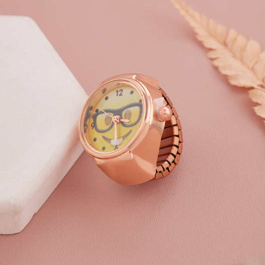 Rose Gold Ring Watch with Funny Nerd Emoji Dial – Perfect for Girls & Teens