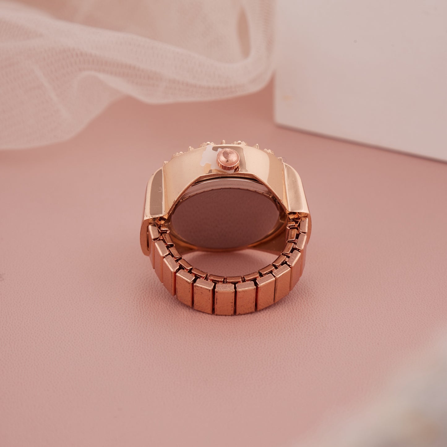 Rose Gold Ring Watch with Embellished Bezel & Twisted Numerals