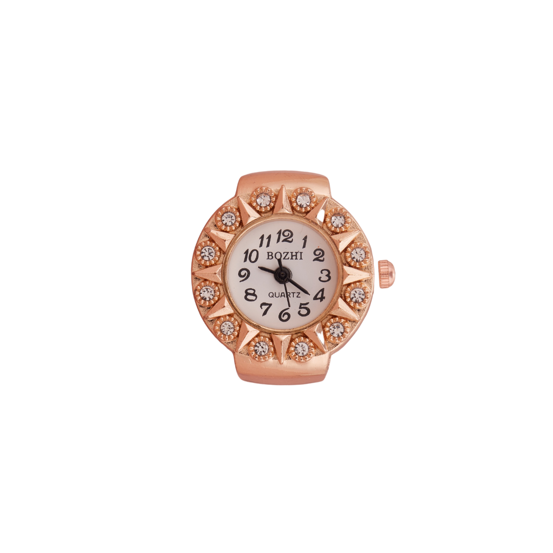 Rose Gold Ring Watch with Embellished Bezel & Twisted Numerals