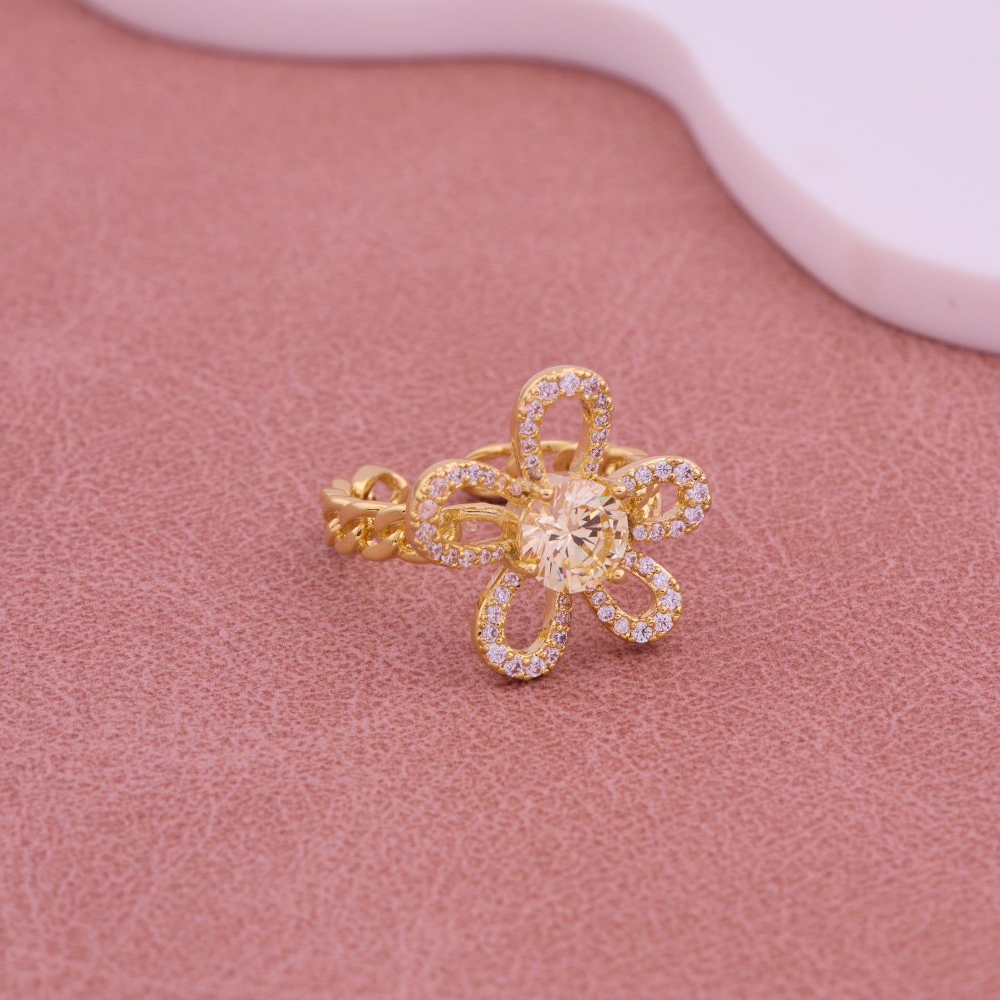 Sparkling Floral Loop Gold Ring with Central CZ Stone