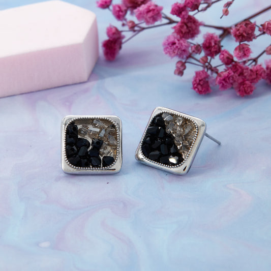 Black Stone Silver Floral Earrings
