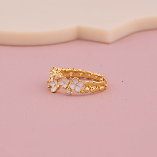 White Enamel Flower Gold Ring