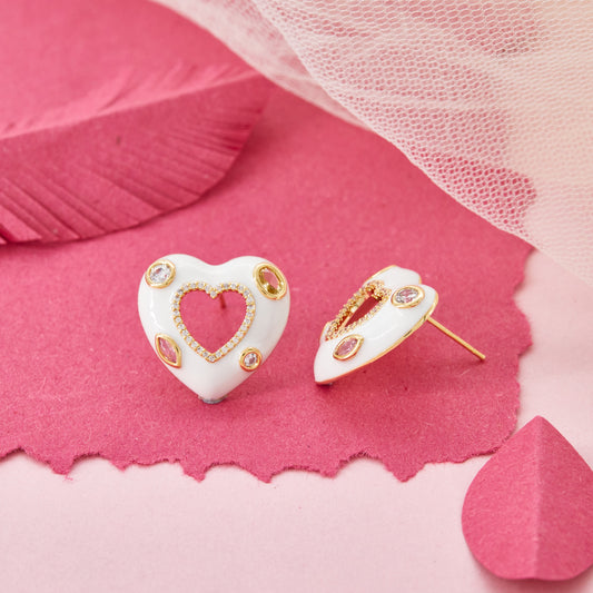 White Heart Cutout Earrings with Crystals