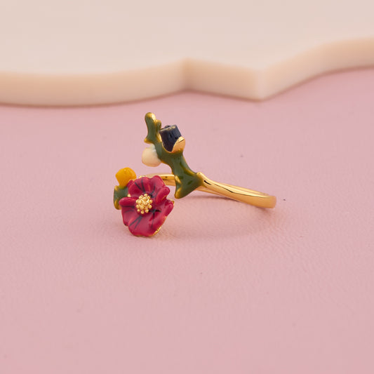 Red Enamel Flower Gold Ring