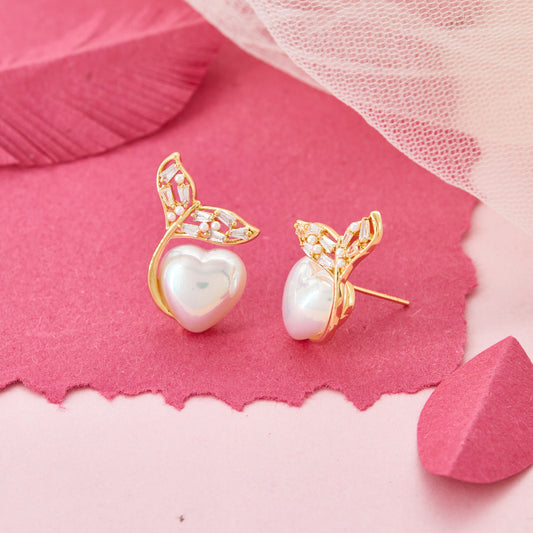 Pearl Heart Earrings with Crystal Leaf Design