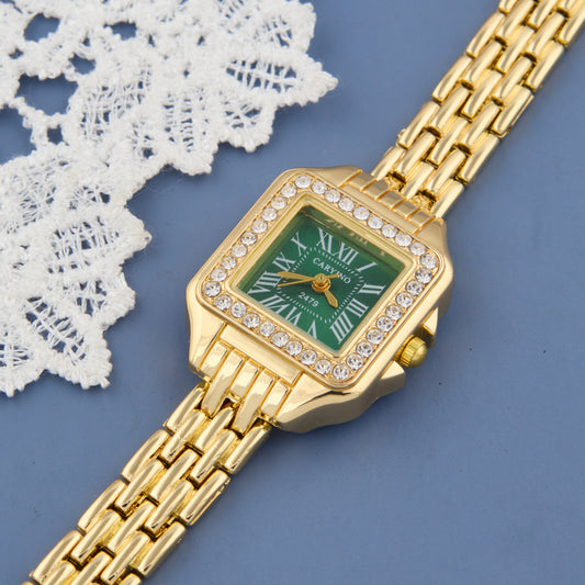 Regal Gold Square Watch with Green Dial & Crystal Bezel for Women