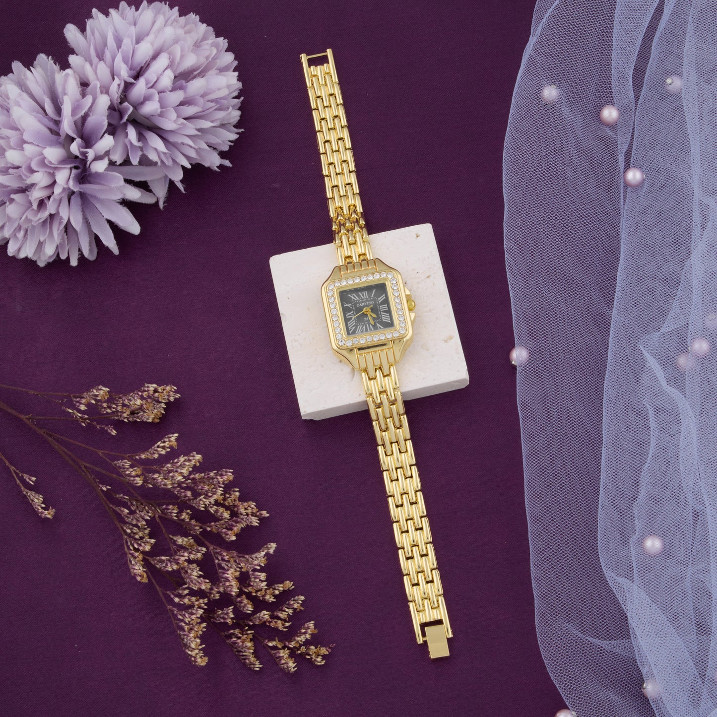 Regal Gold Square Watch with Green Dial & Crystal Bezel for Women
