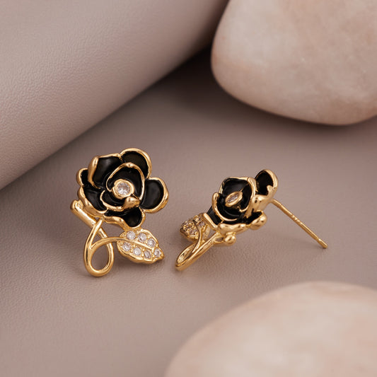 Gold Earrings with Black Flower Design & Sparkling Diamonds
