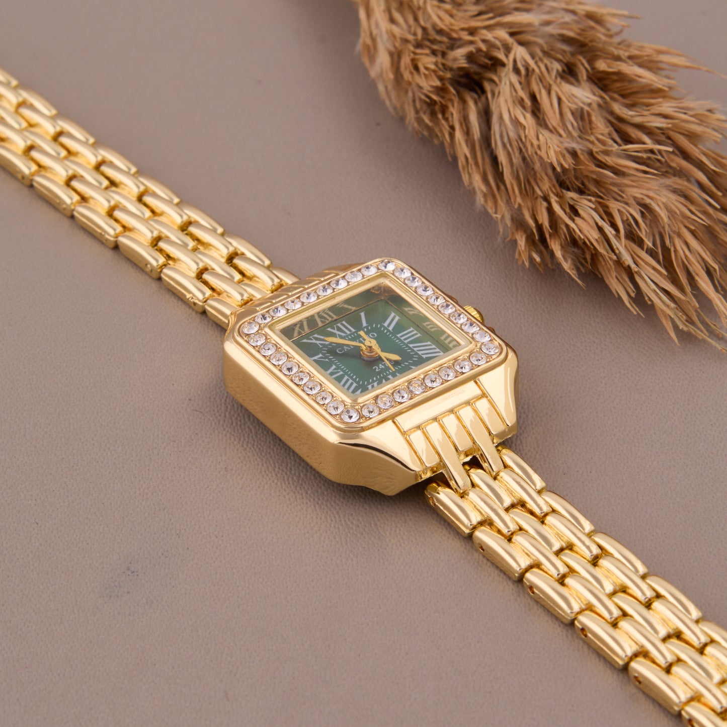 Regal Gold Square Watch with Green Dial & Crystal Bezel for Women