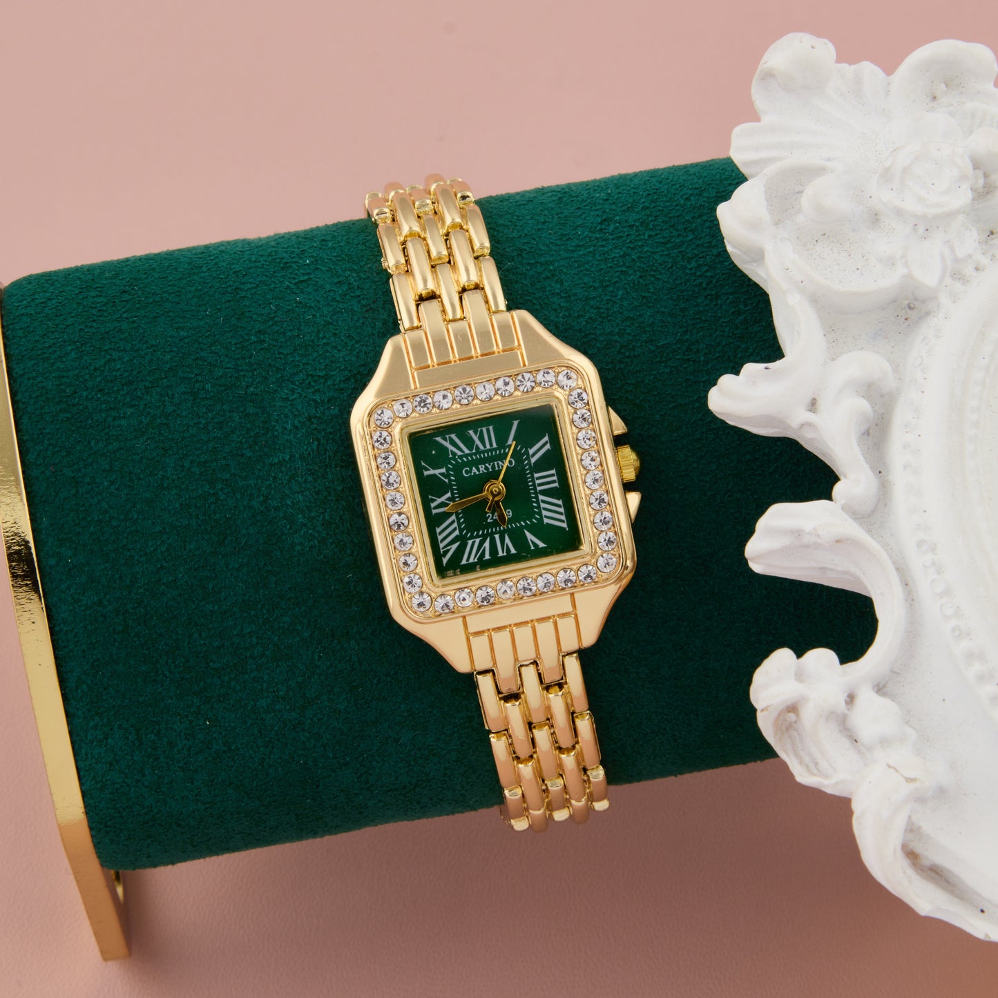 Regal Gold Square Watch with Green Dial & Crystal Bezel for Women