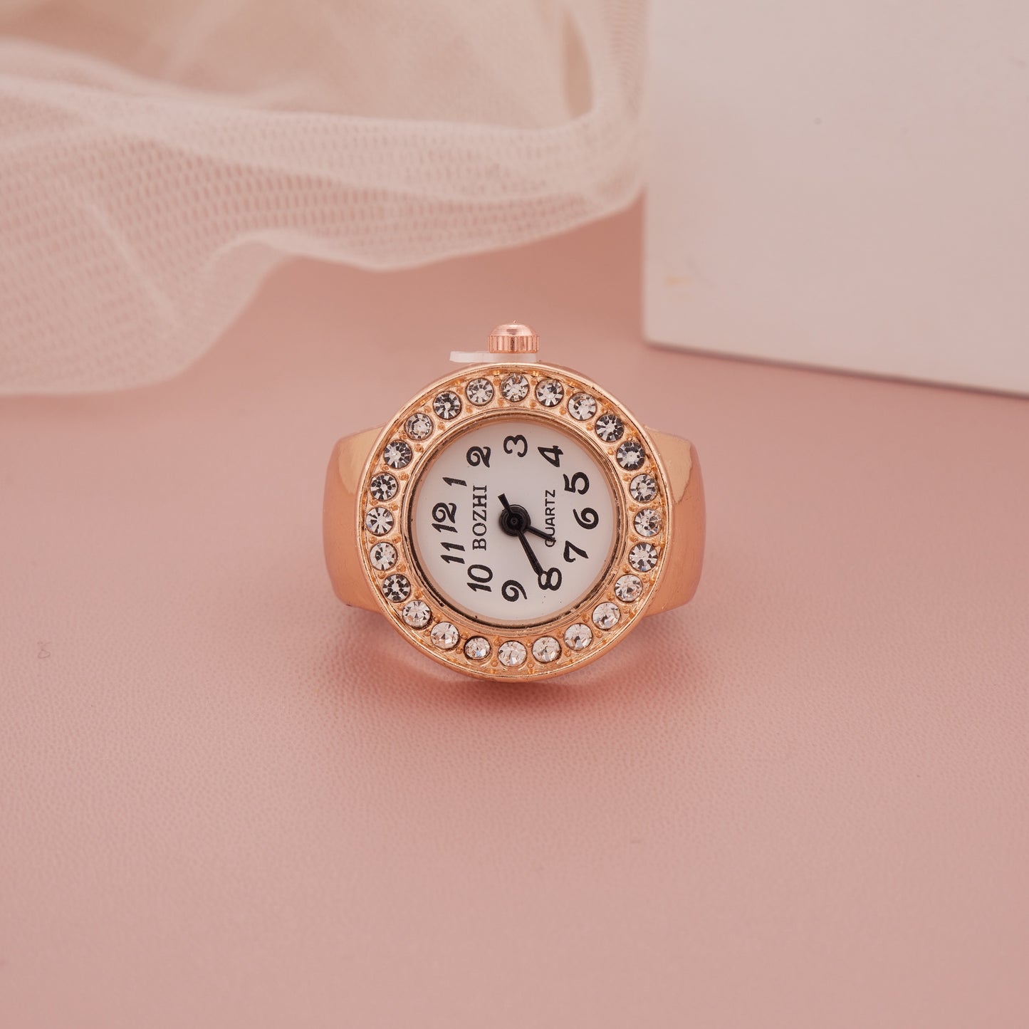 Rose Gold Ring Watch with Crystal-Studded Bezel & Minimal Dial