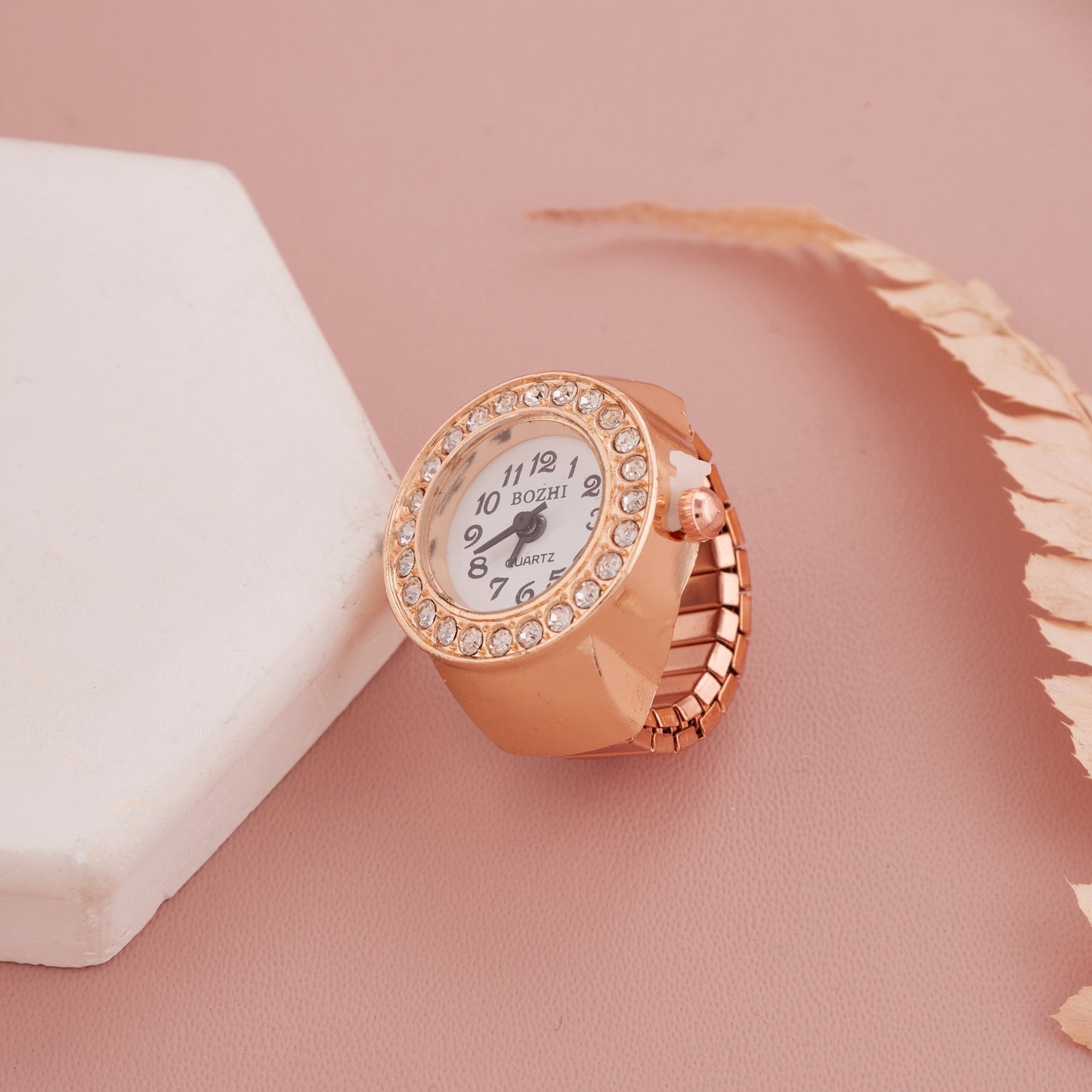 Rose Gold Ring Watch with Crystal-Studded Bezel & Minimal Dial