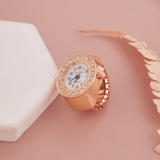 Rose Gold Ring Watch with Crystal-Studded Bezel & Minimal Dial