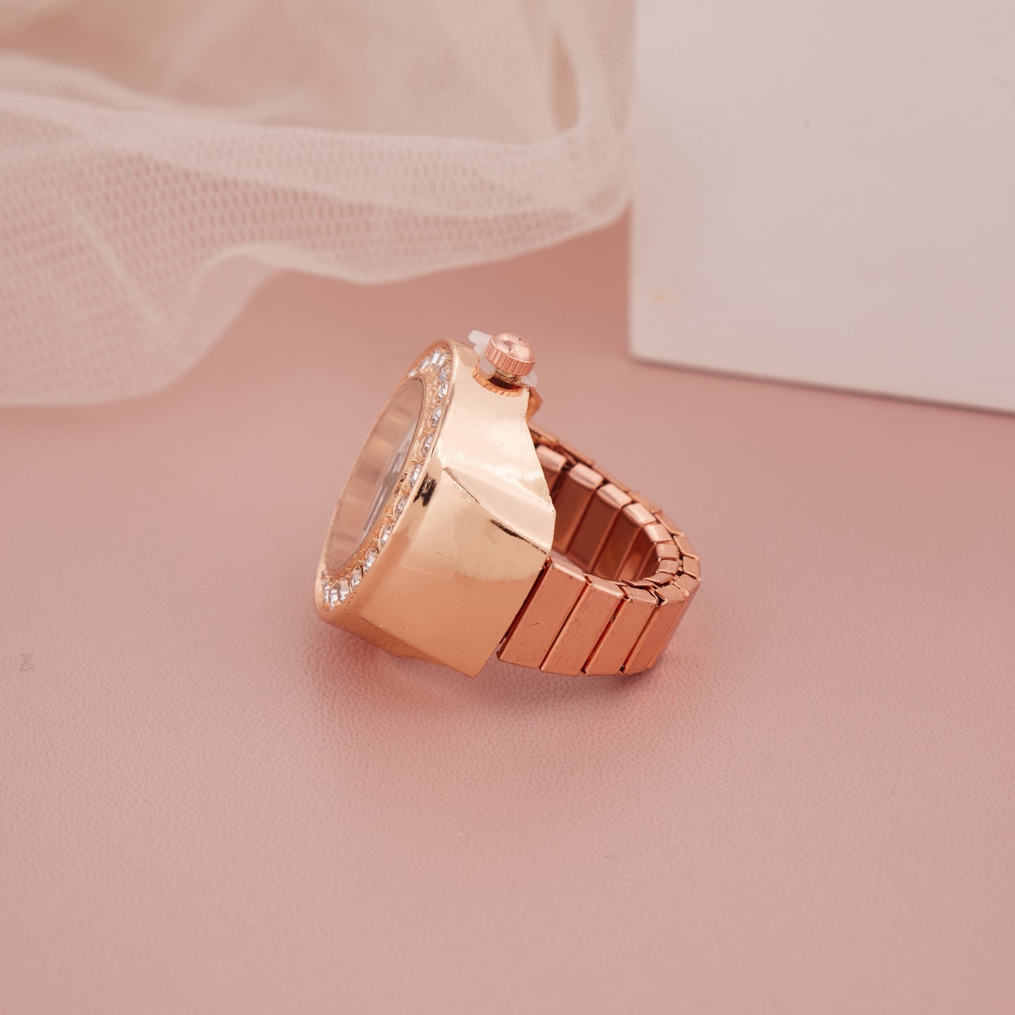 Rose Gold Ring Watch with Crystal-Studded Bezel & Minimal Dial