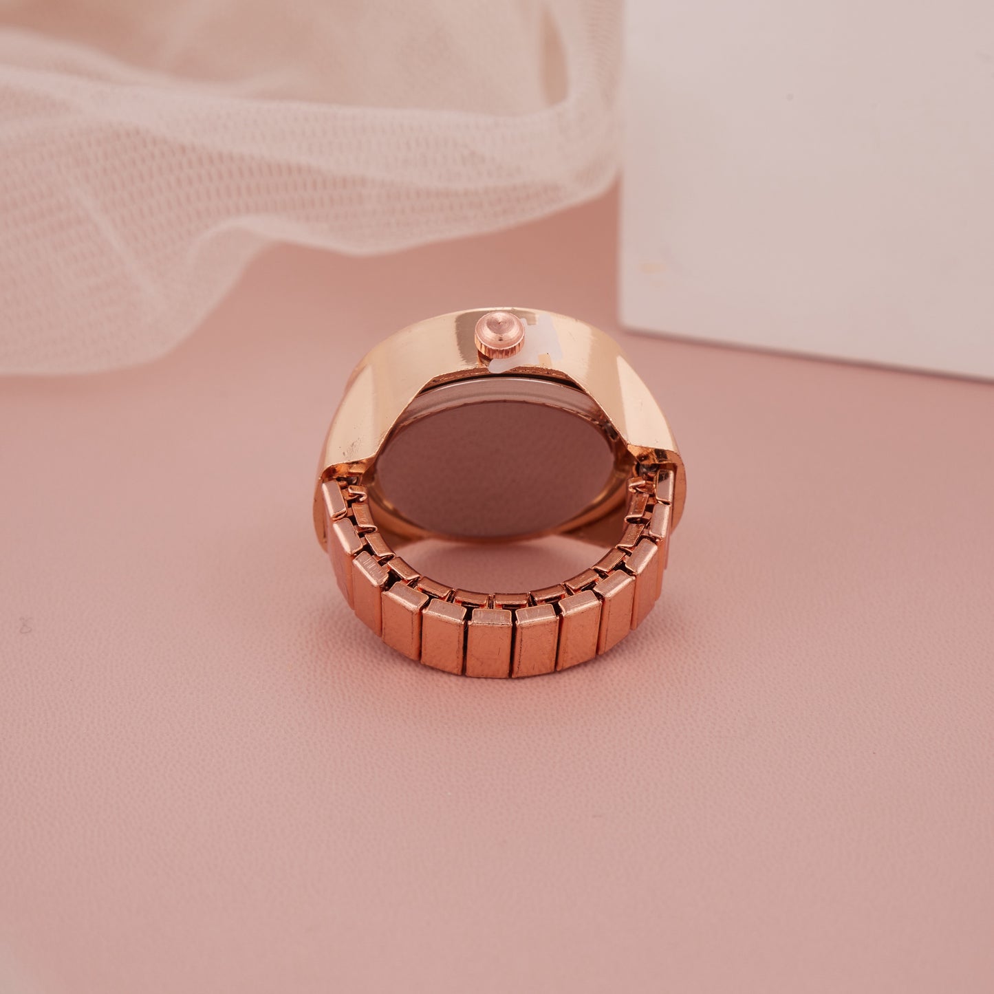 Rose Gold Ring Watch with Crystal-Studded Bezel & Minimal Dial
