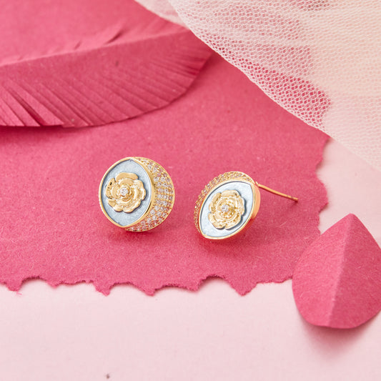 Round Floral Stud Earrings with Crystal Accents