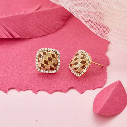 Checkered Square Stud Earrings with Crystal Border