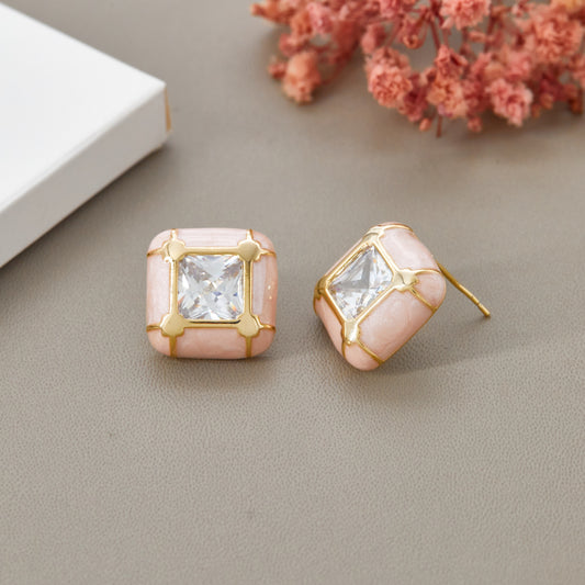 Square Earrings with Delicate Flower Accent