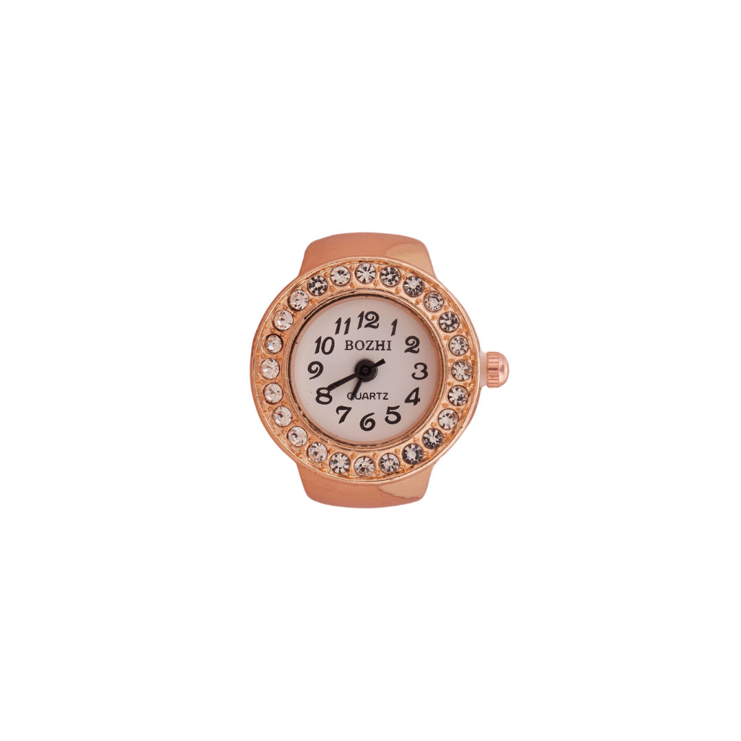 Rose Gold Ring Watch with Crystal-Studded Bezel & Minimal Dial