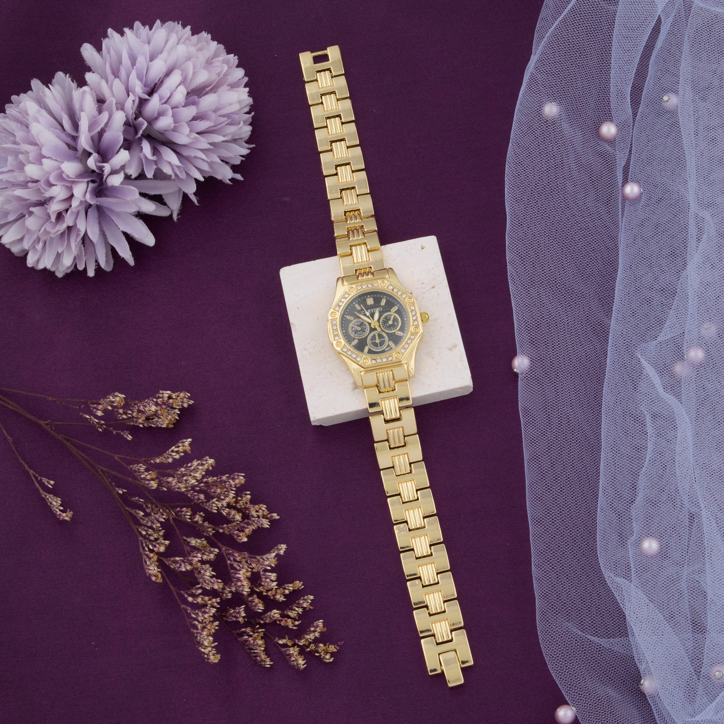 Bold Chronograph Gold Watch with Green Dial & Crystal Bezel for Women