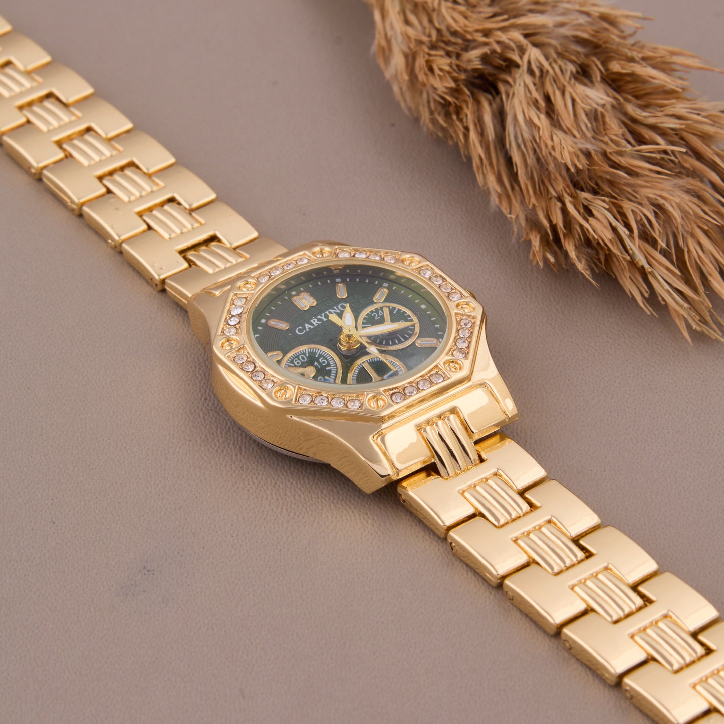 Bold Chronograph Gold Watch with Green Dial & Crystal Bezel for Women