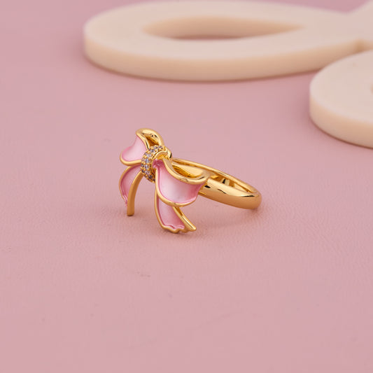 Pink Bow Enamel Gold Ring
