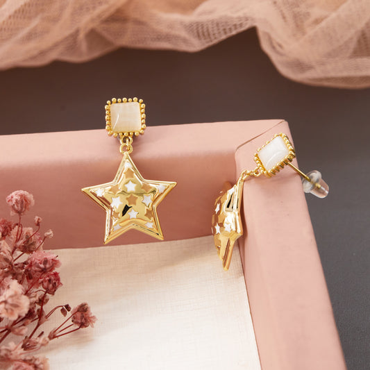 Gold Star Motif Earrings with Floral Accents