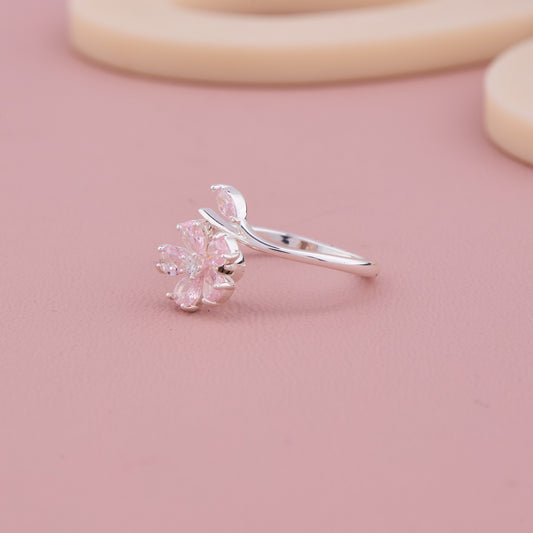 Pink Flower Silver Ring