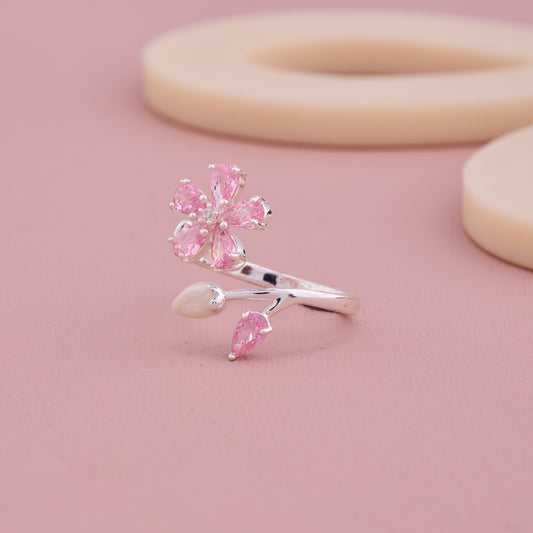 Pink Blossom Adjustable Silver Ring
