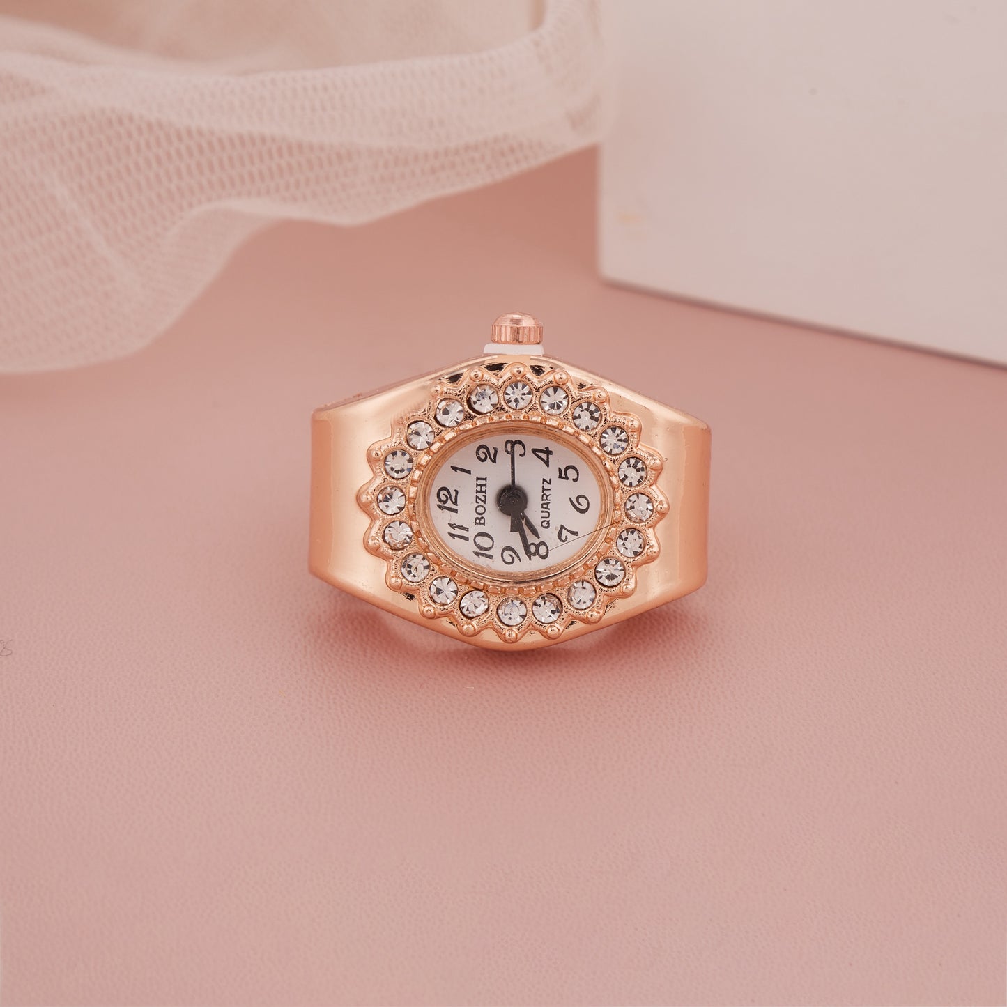 Rose Gold Hexagonal Ring Watch with Scalloped Crystal Bezel