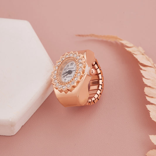 Rose Gold Hexagonal Ring Watch with Scalloped Crystal Bezel
