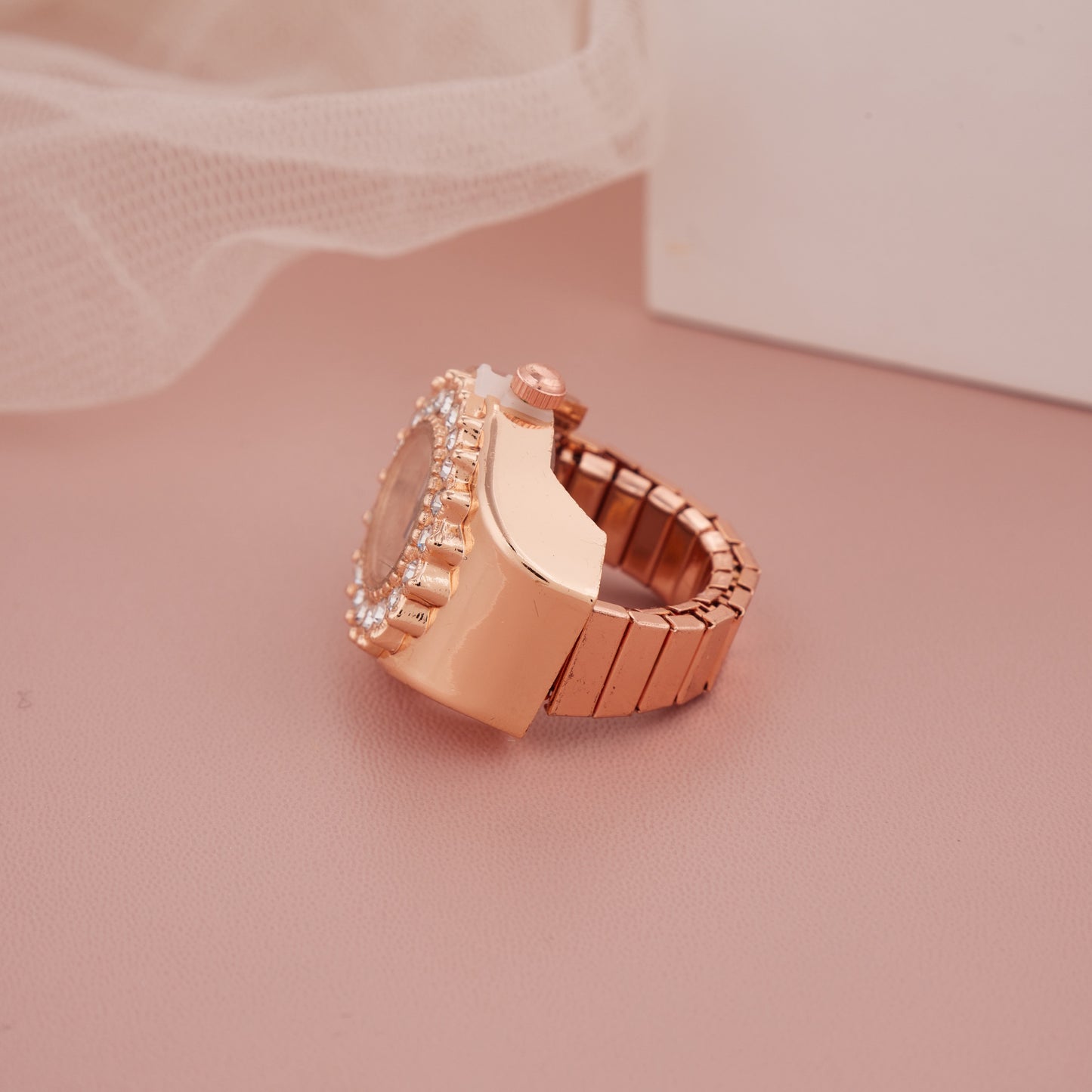 Rose Gold Hexagonal Ring Watch with Scalloped Crystal Bezel