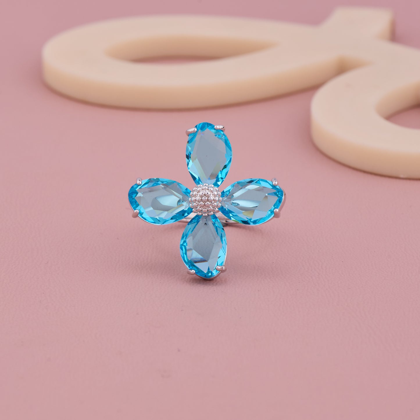 Blue Petal Flower Silver Ring