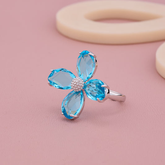 Blue Petal Flower Silver Ring