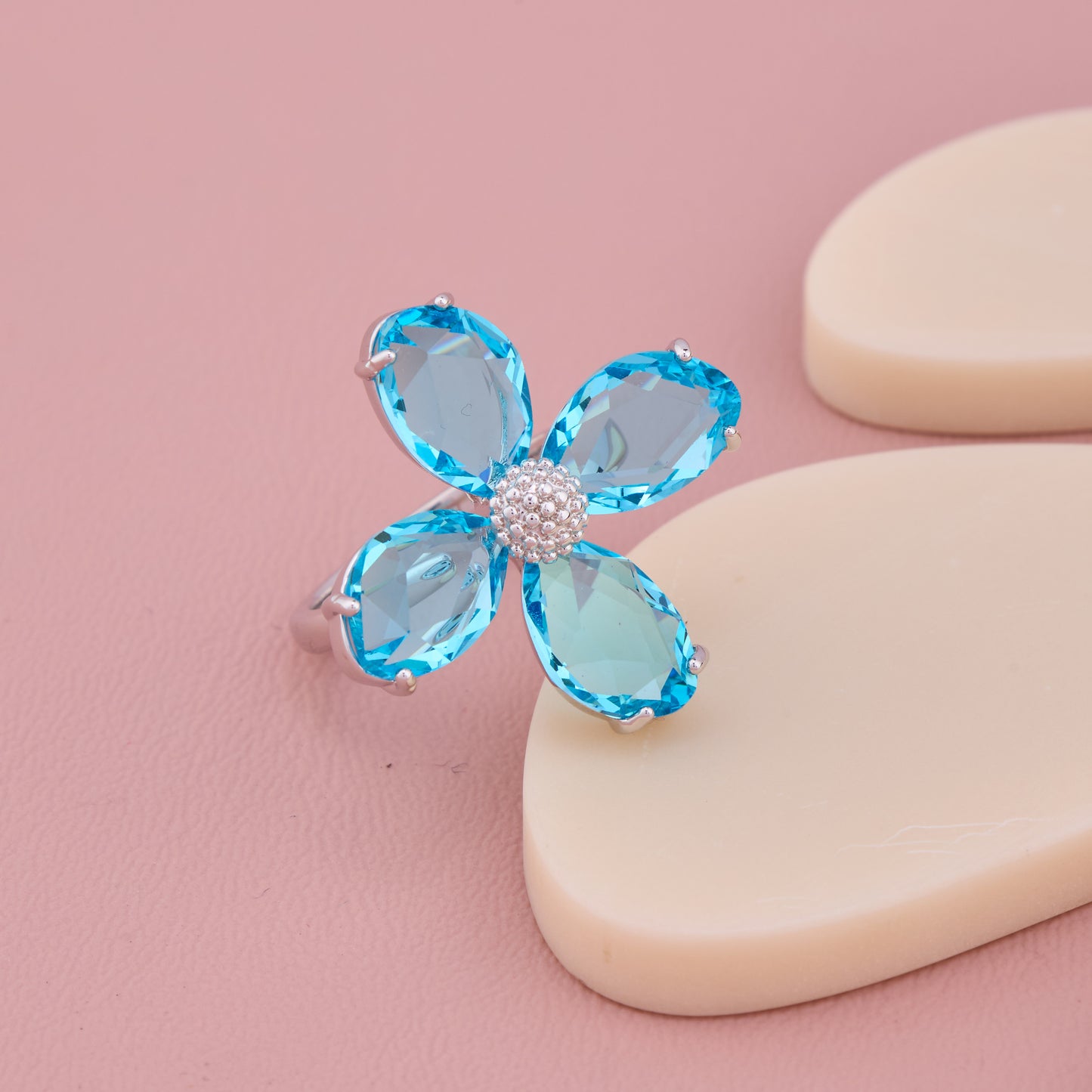 Blue Petal Flower Silver Ring