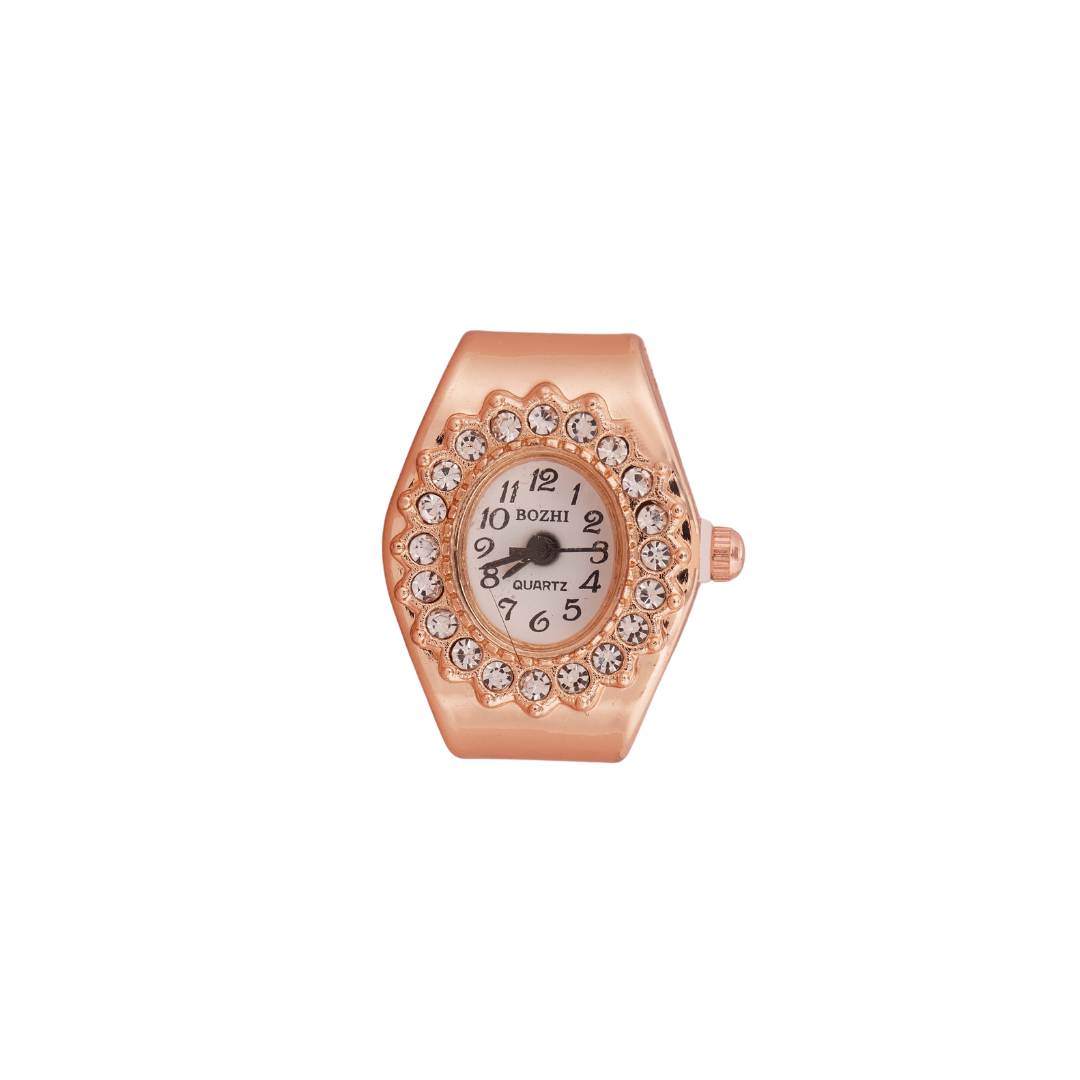 Rose Gold Hexagonal Ring Watch with Scalloped Crystal Bezel