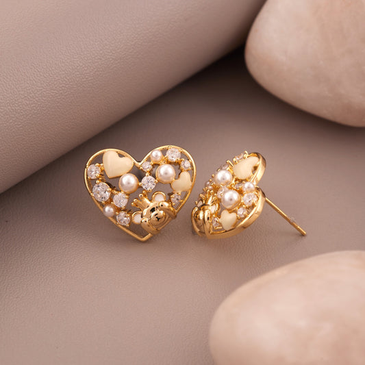 Gold Heart Earrings with Diamonds & Pearls – Luxurious Statement