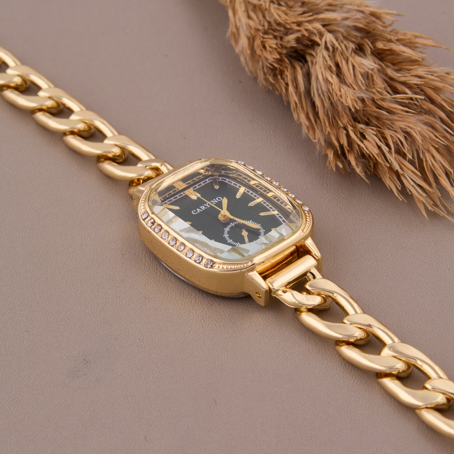 Chic Gold & Black Watch with Crystal Bezel and Link Bracelet for Women