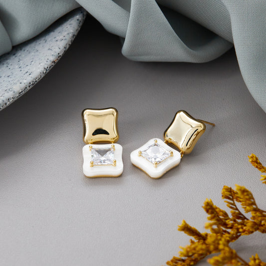 Elegant White & Gold Square Earrings