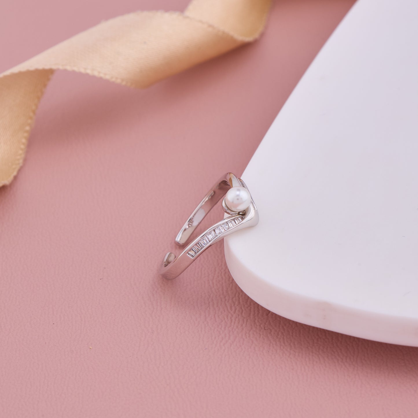 Silver V-Shape Pearl Adjustable Ring with CZ Accents