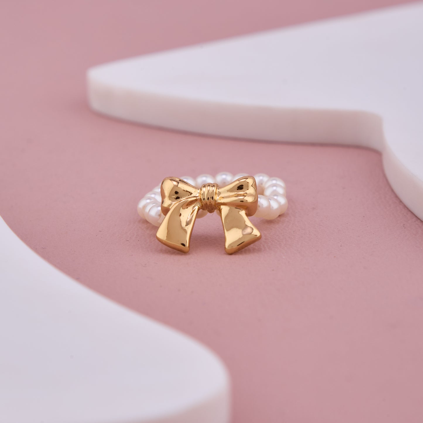 Golden Bow Design Ring with Pearl Beaded Band